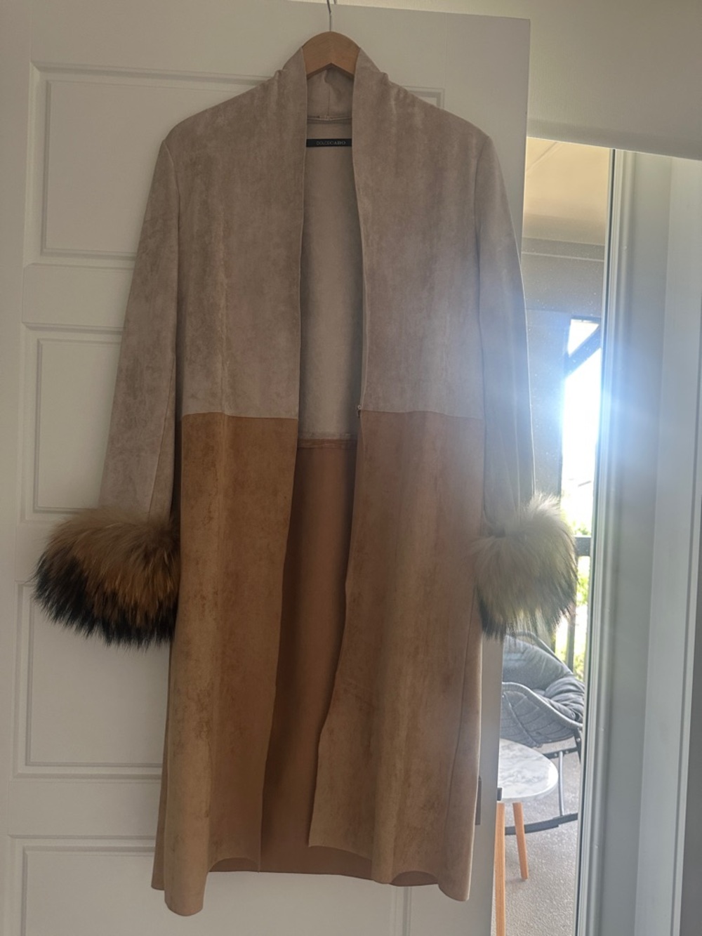 Two-Tone Faux Suede Trench Coat with Fur Cuffs - Beige/Camel